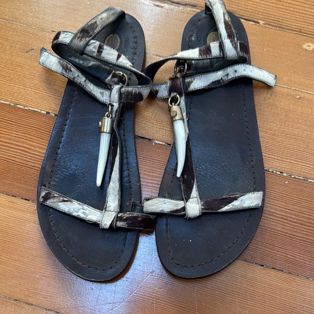 Vintage Pony Hair Yves Saint Laurent Brown and Cream Sandals with Horn Detail